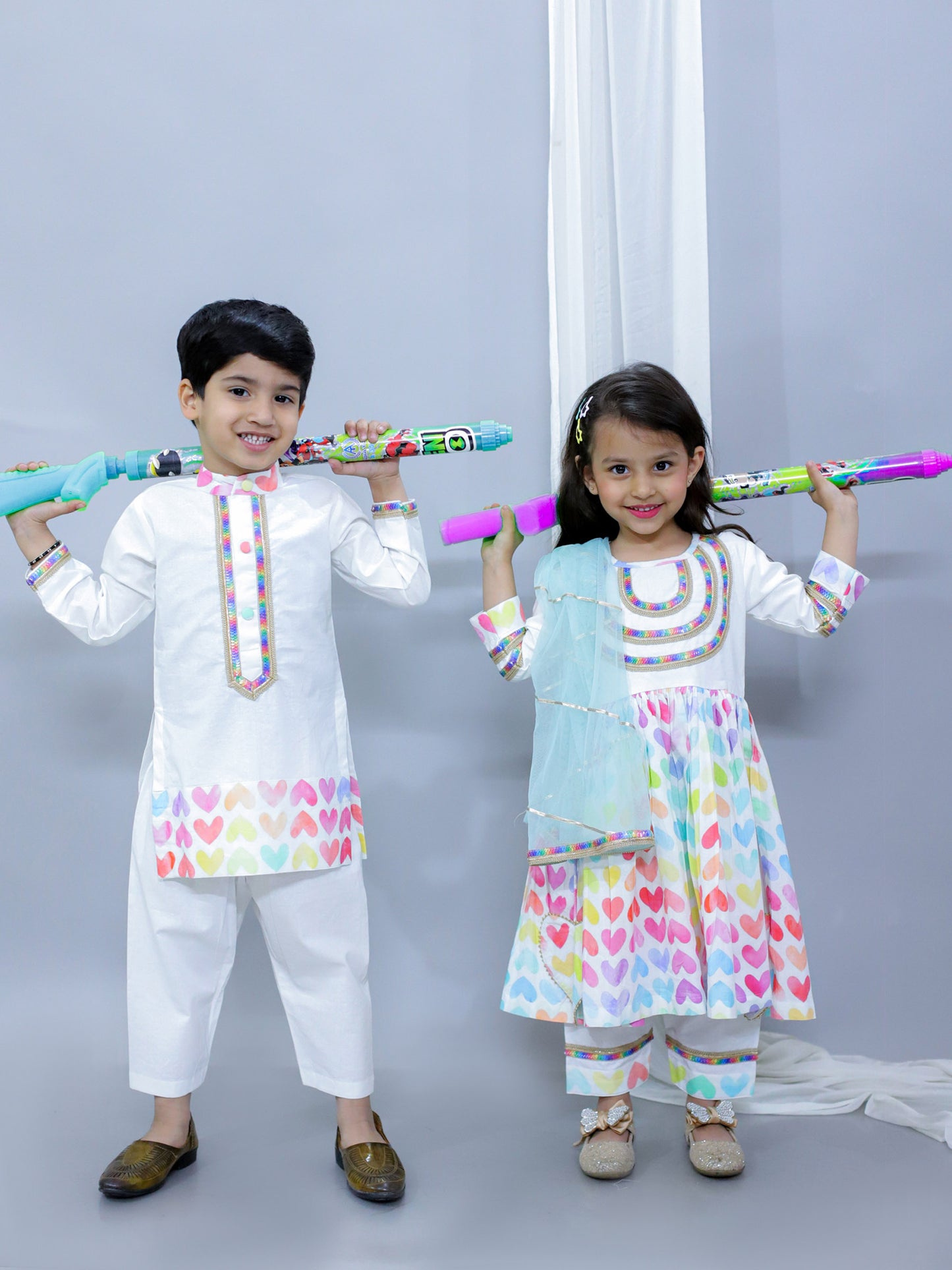 WHITE MULTICOLOR HEART PRINTS KURTA SET