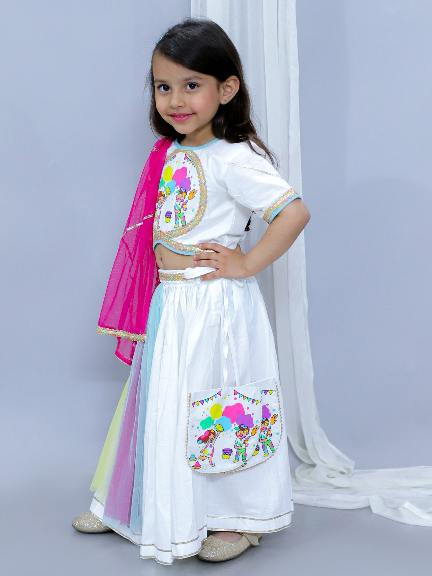 KIDS PLAYING HOLI PRINT WHITE HOLI LEHNGA SET